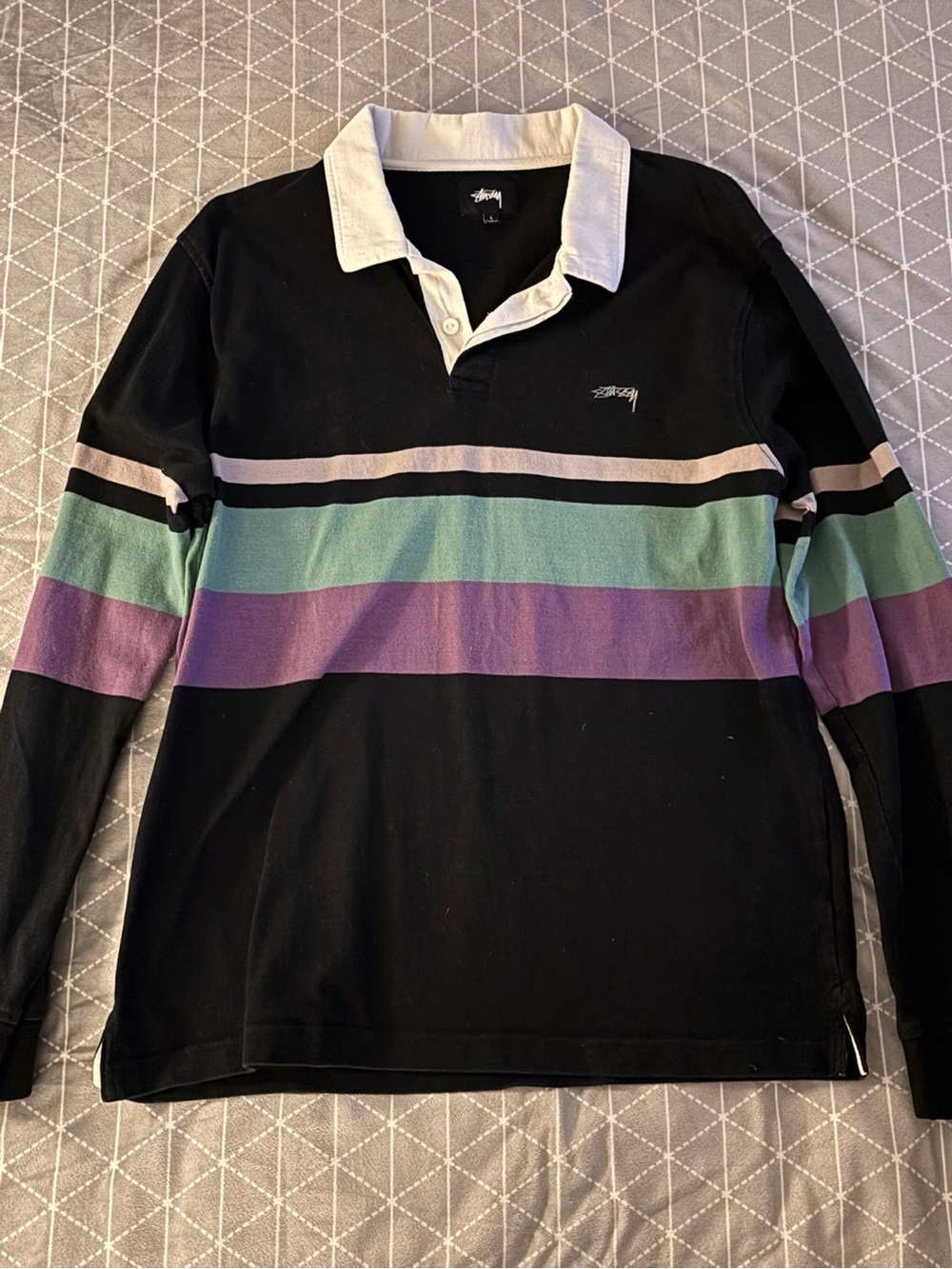 Stussy Black Long-Sleeve Rugby Polo with Mint Green & Purple Stripes